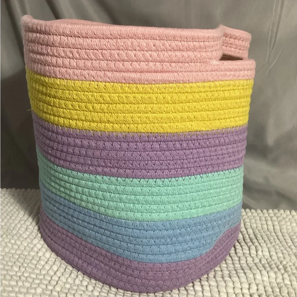Woven Cotton Rope Storage Basket In Pastel Stripes with Handles, Fit Cube Shelf